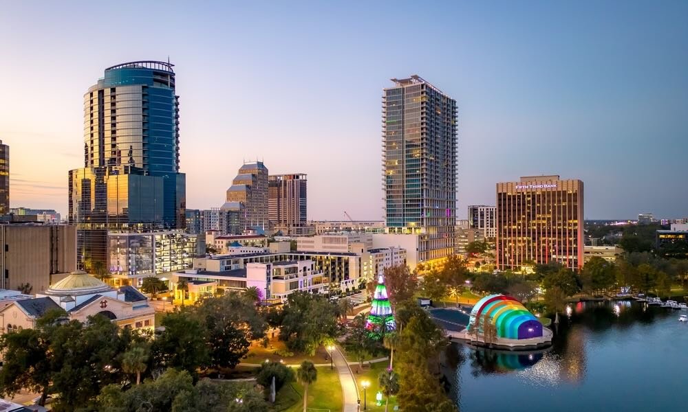Aerial view of downtown Orlando, Florida. USA. Lake Eola Park
