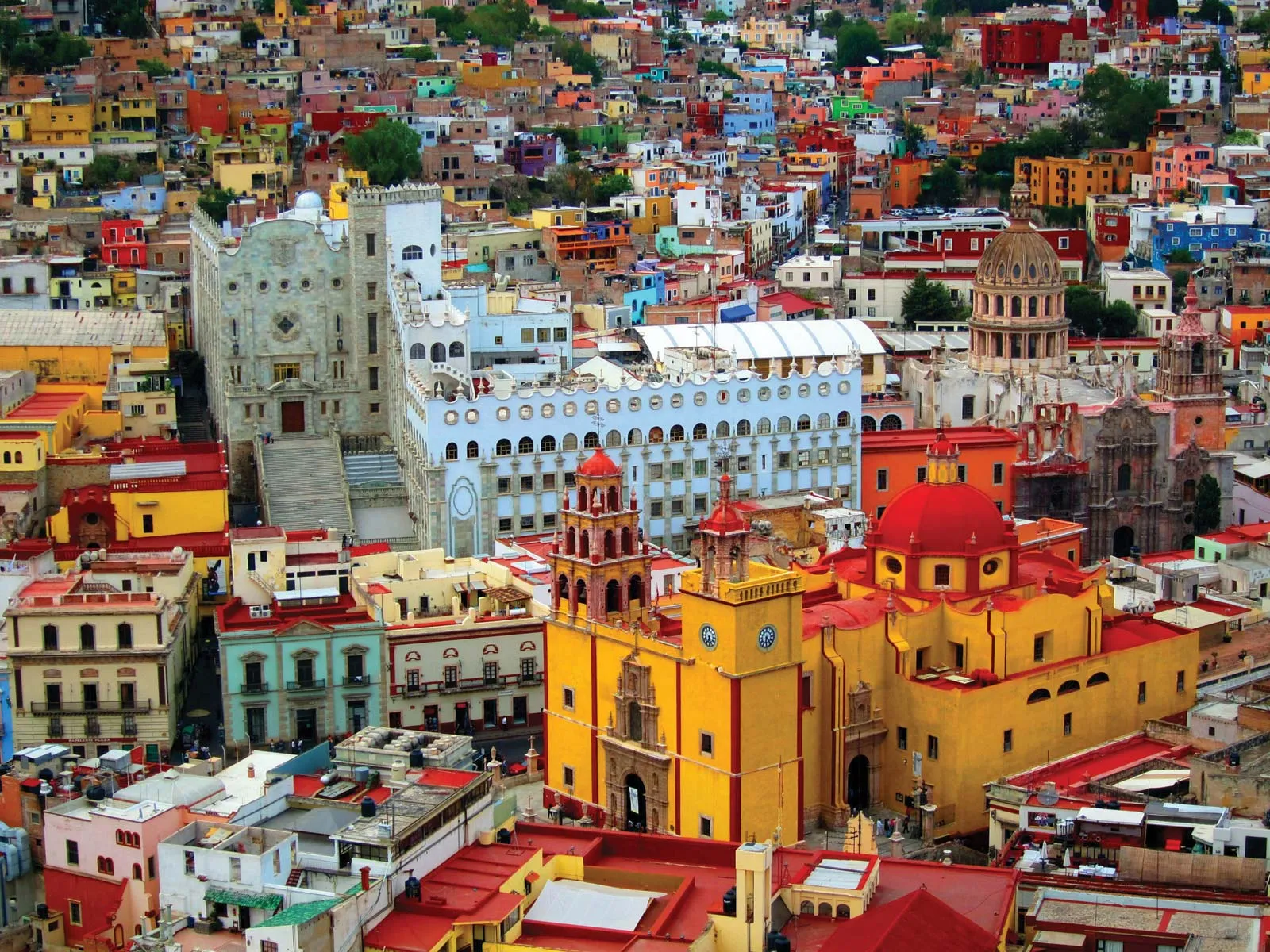 Aerial view city Guanajuato foreground Mexico basilica